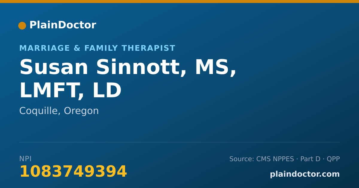 Shareable card for Susan Sinnott, MS, LMFT,  LD - Marriage & Family Therapist, Coquille, OR