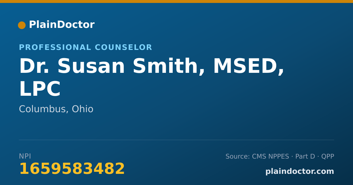 Shareable card for Susan Smith, MSED, LPC - Professional Counselor, Columbus, OH