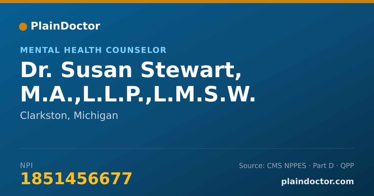 Shareable card for Susan Stewart, M.A.,L.L.P.,L.M.S.W. - Mental Health Counselor, Clarkston, MI