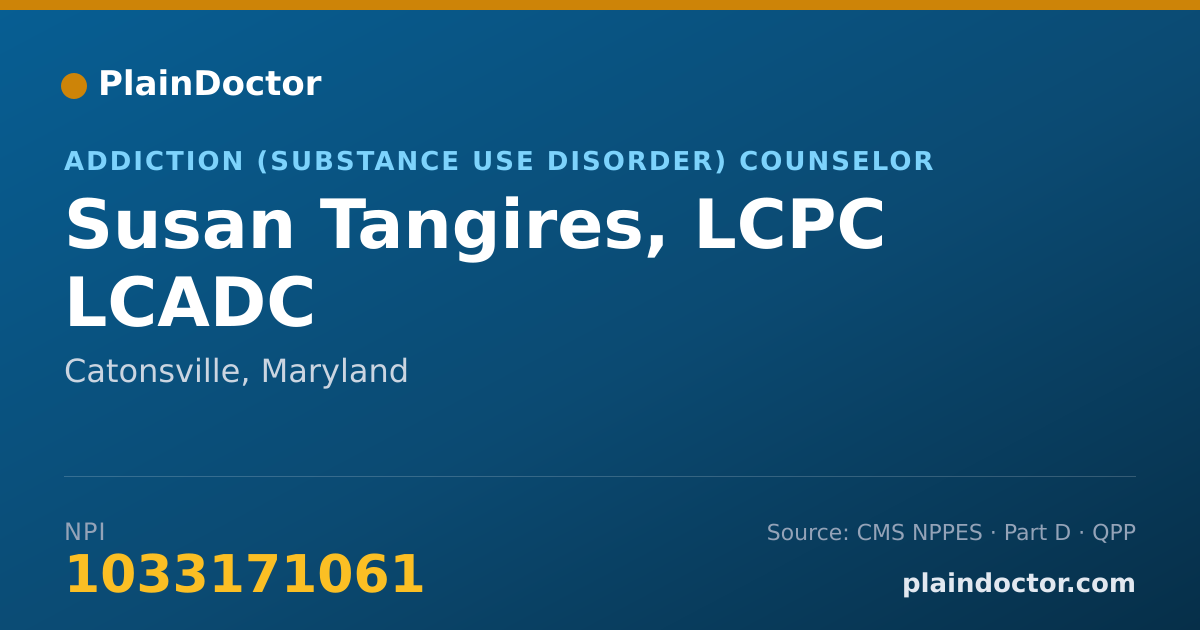Shareable card for Susan Tangires, LCPC LCADC - Addiction (Substance Use Disorder) Counselor, Catonsville, MD