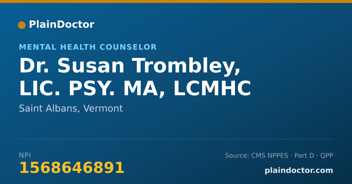 Shareable card for Susan Trombley, LIC. PSY. MA, LCMHC - Mental Health Counselor, Saint Albans, VT