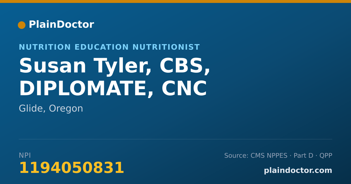 Shareable card for Susan Tyler, CBS, DIPLOMATE, CNC - Nutrition Education Nutritionist, Glide, OR