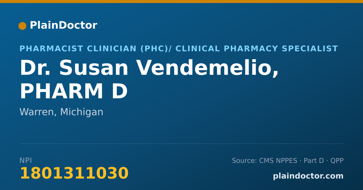 Shareable card for Susan Vendemelio, PHARM D - Pharmacist Clinician (PhC)/ Clinical Pharmacy Specialist, Warren, MI