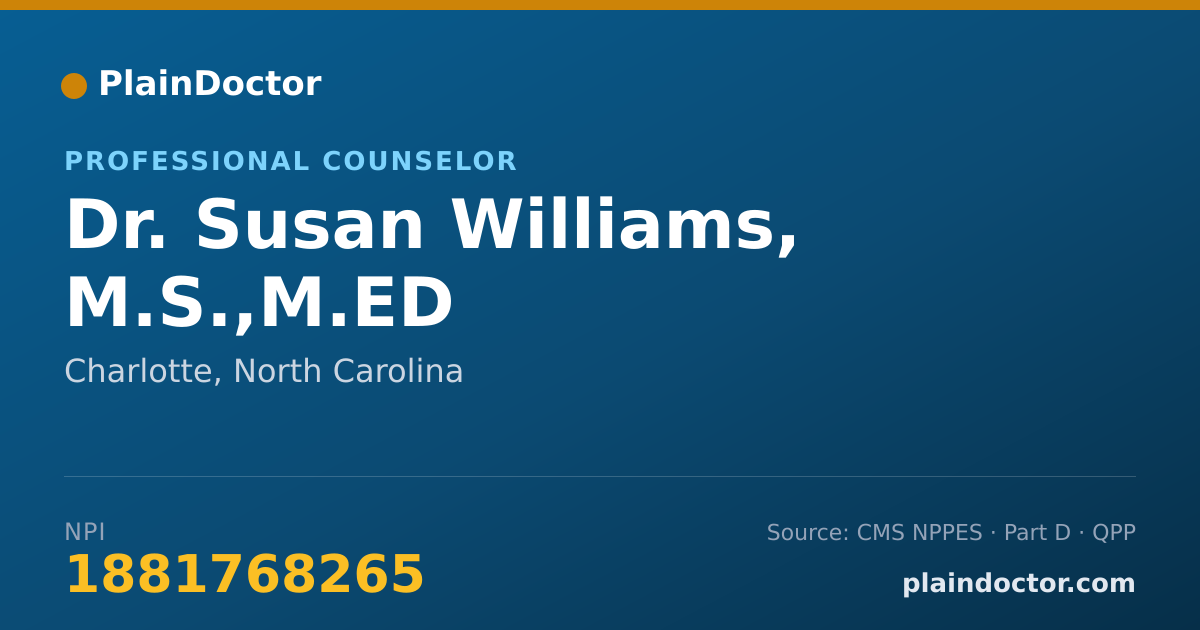 Shareable card for Susan Williams, M.S.,M.ED - Professional Counselor, Charlotte, NC