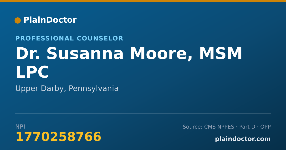 Shareable card for Susanna Moore, MSM LPC - Professional Counselor, Upper Darby, PA