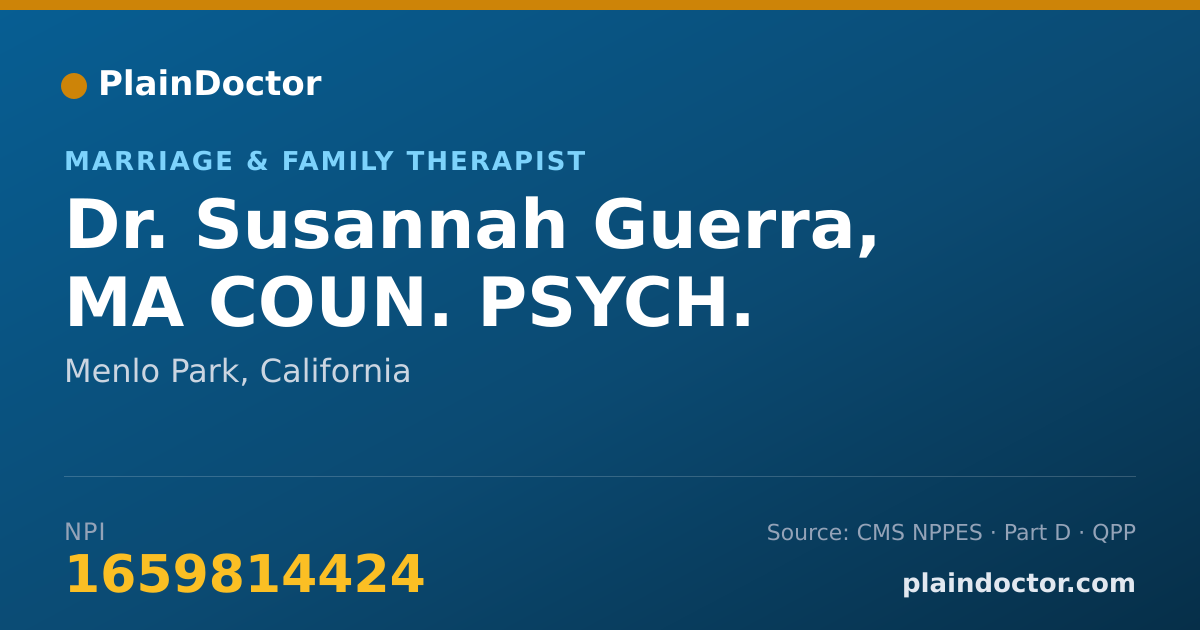 Shareable card for Susannah Guerra, MA COUN. PSYCH. - Marriage & Family Therapist, Menlo Park, CA