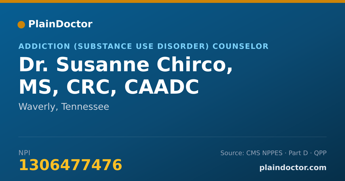 Shareable card for Susanne Chirco, MS, CRC, CAADC - Addiction (Substance Use Disorder) Counselor, Waverly, TN