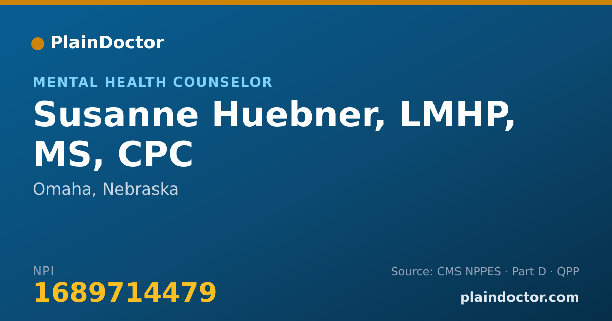 Shareable card for Susanne Huebner, LMHP, MS, CPC - Mental Health Counselor, Omaha, NE