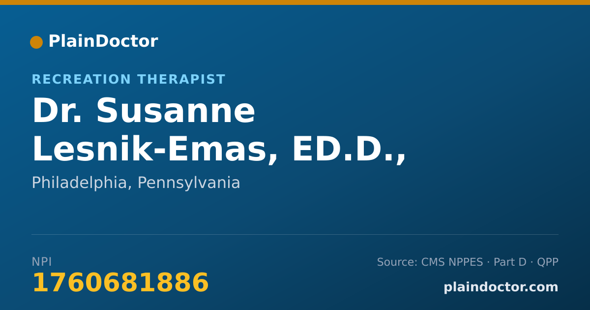 Shareable card for Susanne Lesnik-Emas, ED.D., CTRS - Recreation Therapist, Philadelphia, PA