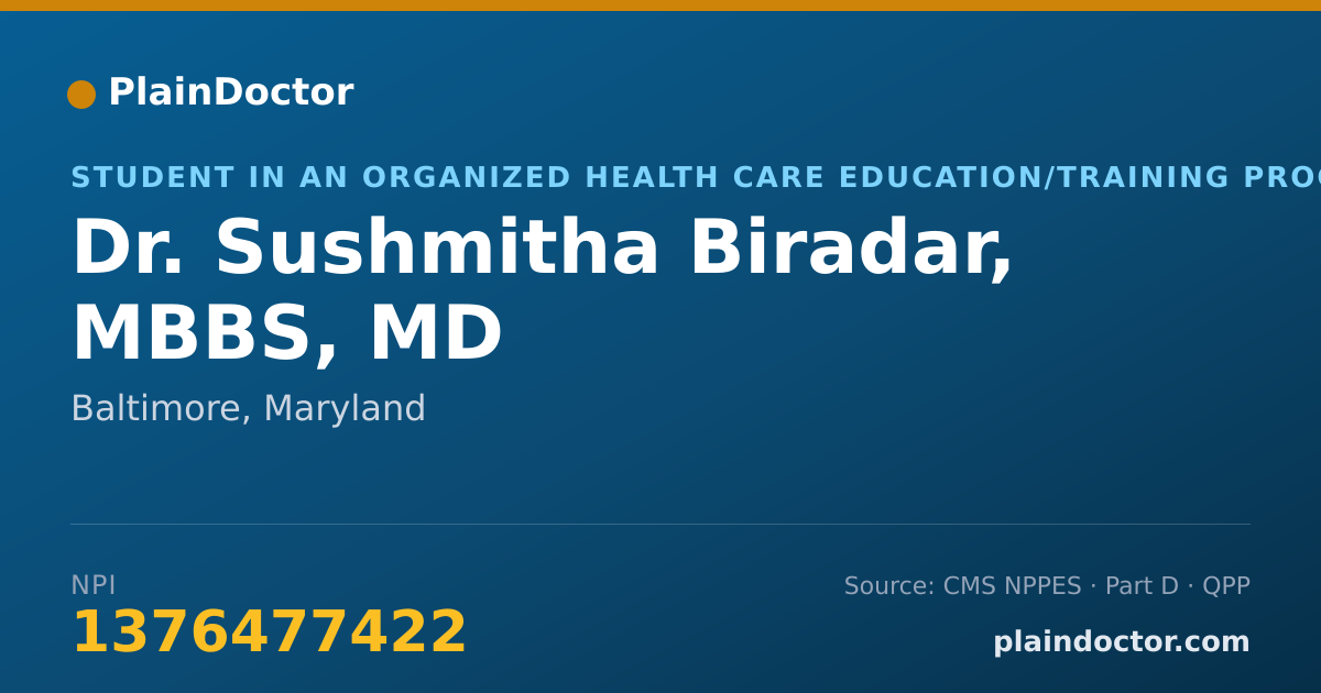 Shareable card for Sushmitha Biradar, MBBS, MD - Student in an Organized Health Care Education/Training Program, Baltimore, MD