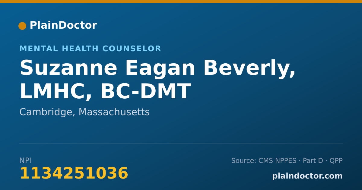 Shareable card for Suzanne Eagan Beverly, LMHC, BC-DMT - Mental Health Counselor, Cambridge, MA