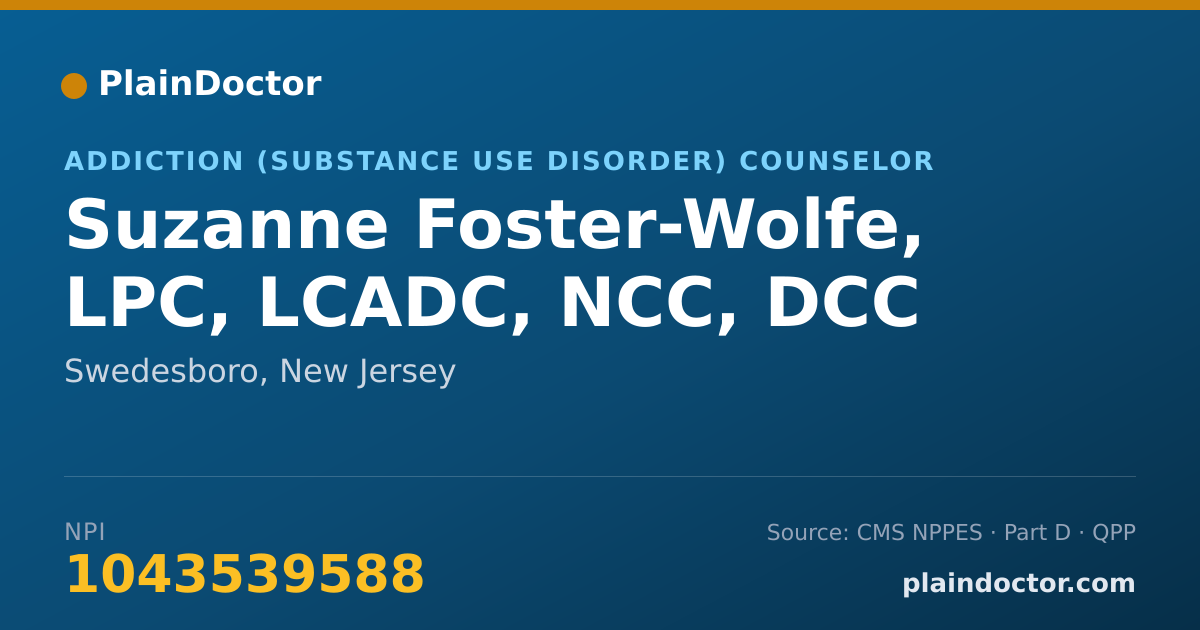 Shareable card for Suzanne Foster-Wolfe, LPC, LCADC, NCC, DCC - Addiction (Substance Use Disorder) Counselor, Swedesboro, NJ