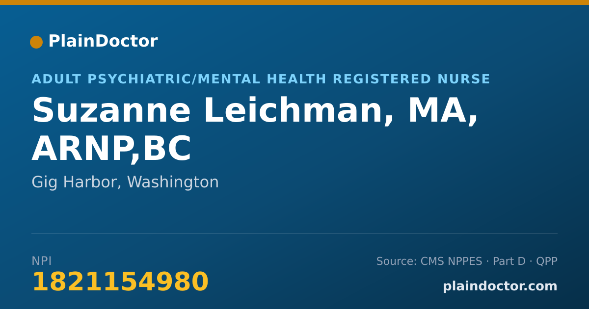Shareable card for Suzanne Leichman, MA, ARNP,BC - Adult Psychiatric/Mental Health Registered Nurse, Gig Harbor, WA