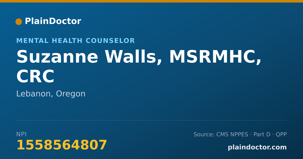 Shareable card for Suzanne Walls, MSRMHC, CRC - Mental Health Counselor, Lebanon, OR