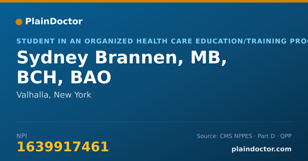 Shareable card for Sydney Brannen, MB, BCH, BAO - Student in an Organized Health Care Education/Training Program, Valhalla, NY