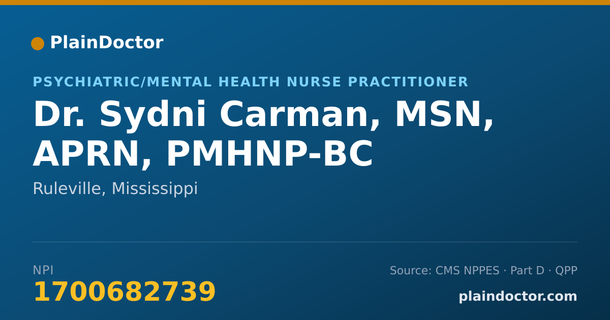 Shareable card for Sydni Carman, MSN, APRN, PMHNP-BC - Psychiatric/Mental Health Nurse Practitioner, Ruleville, MS