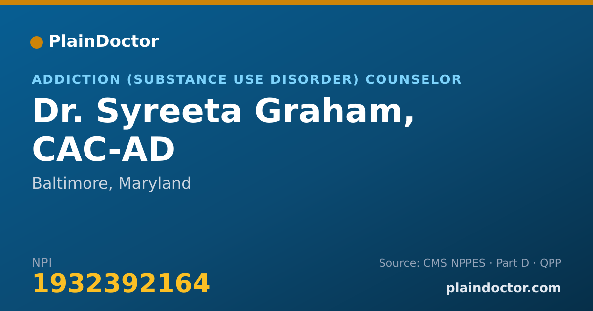 Shareable card for Syreeta Graham, CAC-AD - Addiction (Substance Use Disorder) Counselor, Baltimore, MD