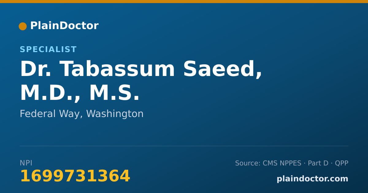 Shareable card for Tabassum Saeed, M.D., M.S. - Specialist, Federal Way, WA