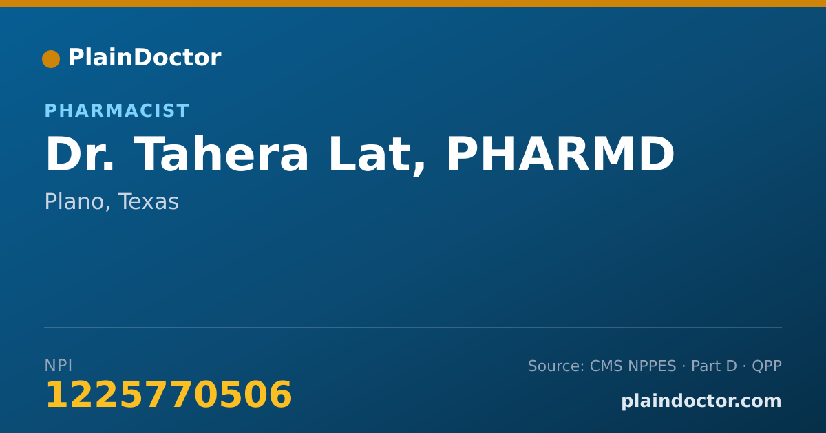 Shareable card for Tahera Lat, PHARMD - Pharmacist, Plano, TX