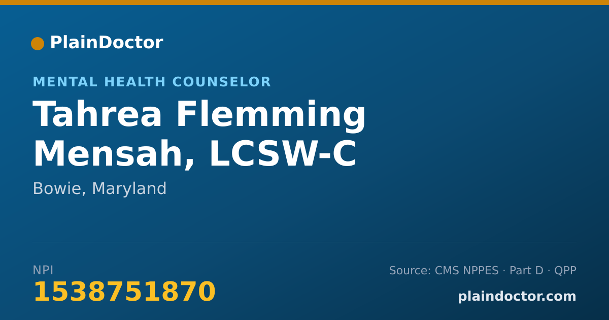 Shareable card for Tahrea Flemming Mensah, LMSW - Mental Health Counselor, Bowie, MD