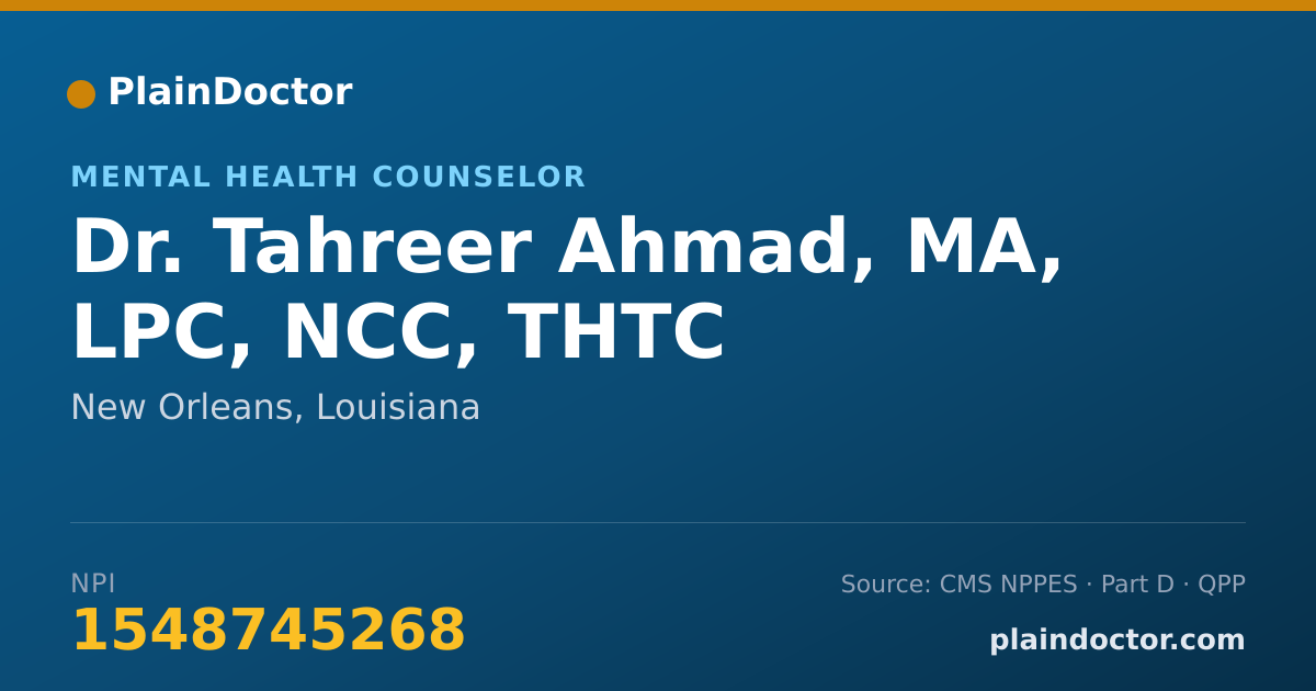 Shareable card for Tahreer Ahmad, MA, LPC, NCC, THTC - Mental Health Counselor, New Orleans, LA