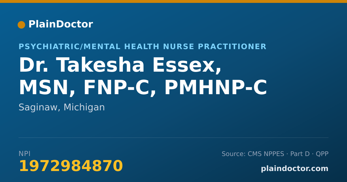 Shareable card for Takesha Essex, MSN, FNP-C, PMHNP-C - Psychiatric/Mental Health Nurse Practitioner, Saginaw, MI