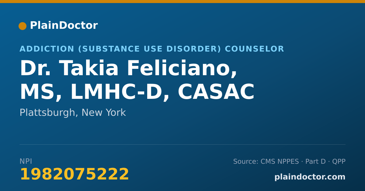 Shareable card for Takia Feliciano, MS, LMHC-D, CASAC - Addiction (Substance Use Disorder) Counselor, Plattsburgh, NY
