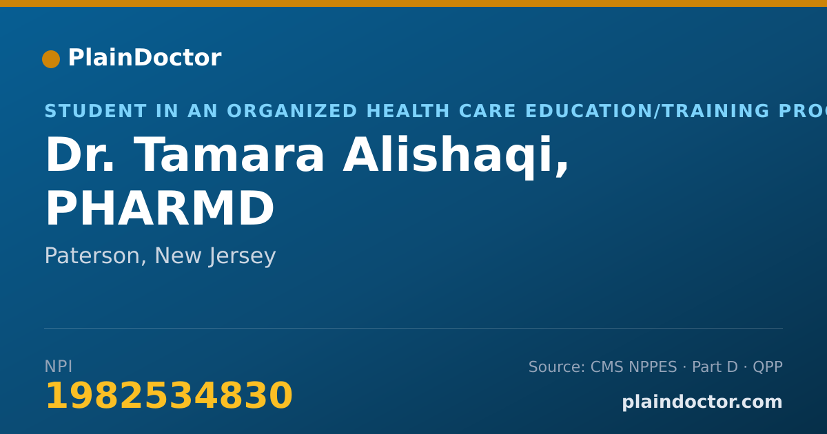 Shareable card for Tamara Alishaqi, PHARMD - Student in an Organized Health Care Education/Training Program, Paterson, NJ