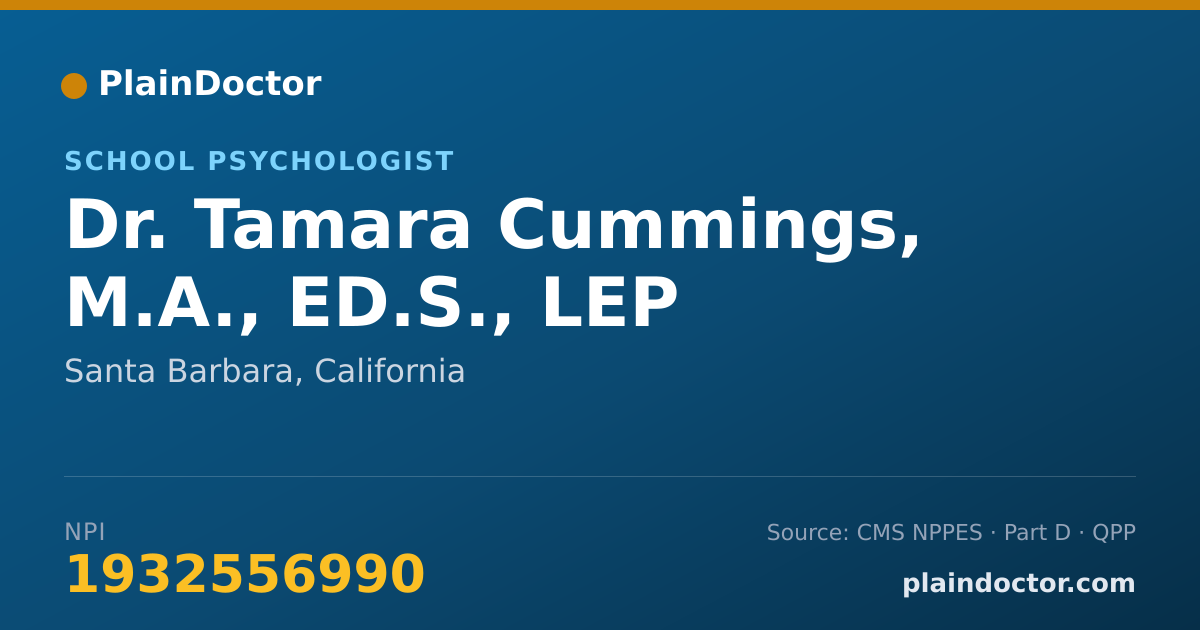 Shareable card for Tamara Cummings, M.A., ED.S., LEP - School Psychologist, Santa Barbara, CA