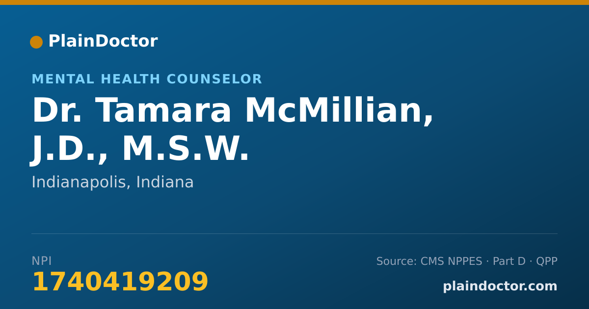 Shareable card for Tamara McMillian, J.D., M.S.W. - Mental Health Counselor, Indianapolis, IN