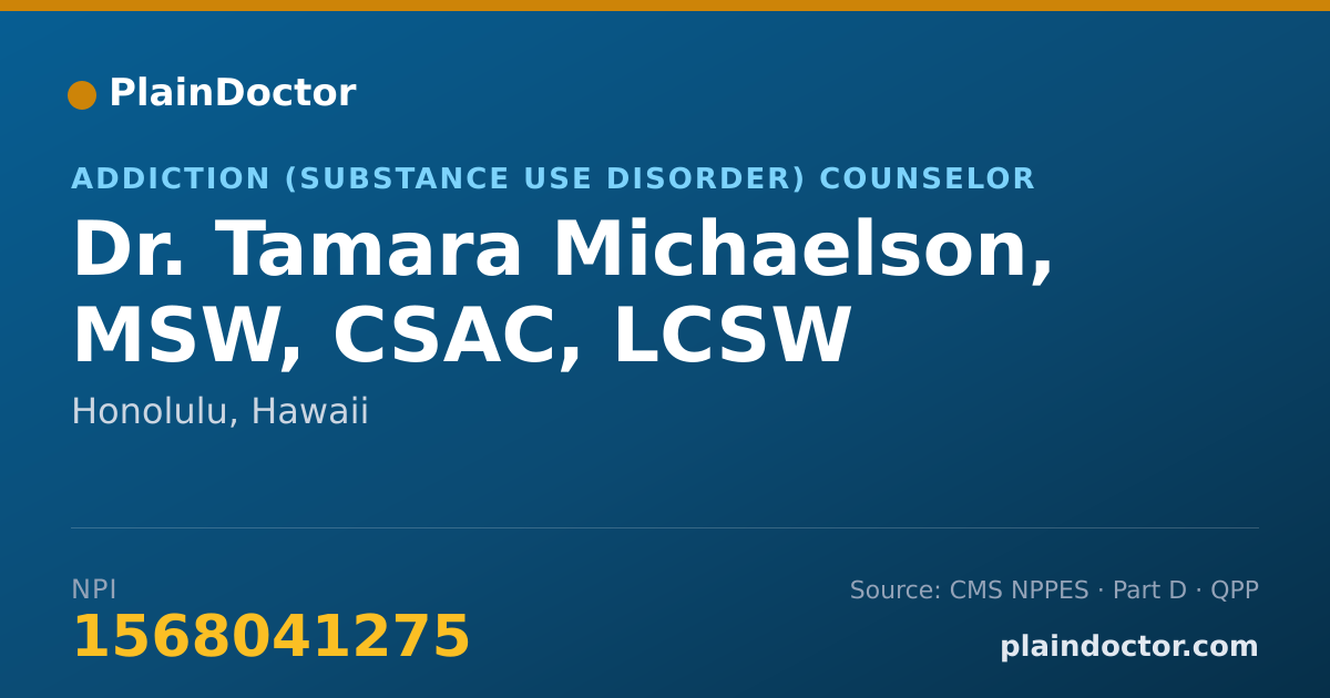 Shareable card for Tamara Michaelson, MSW, CSAC, LCSW - Addiction (Substance Use Disorder) Counselor, Honolulu, HI