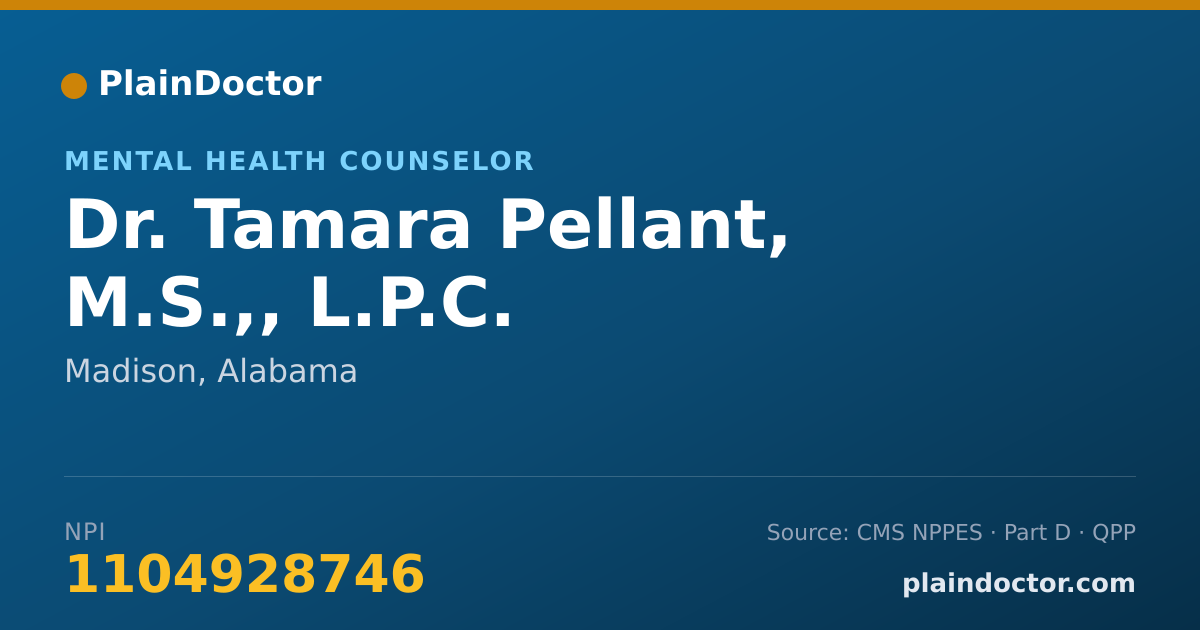 Shareable card for Tamara Pellant, M.S.,,  L.P.C. - Mental Health Counselor, Madison, AL