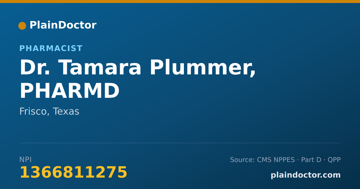 Shareable card for Tamara Plummer, PHARMD - Pharmacist, Frisco, TX