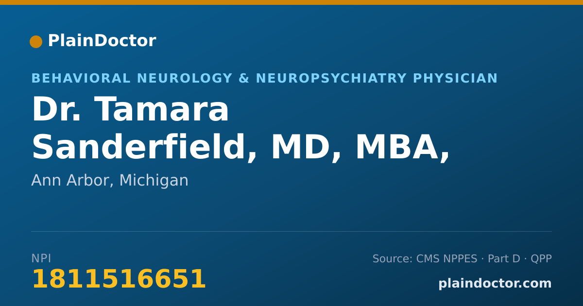 Shareable card for Tamara Sanderfield, MD, MBA, BA - Behavioral Neurology & Neuropsychiatry Physician, Ann Arbor, MI