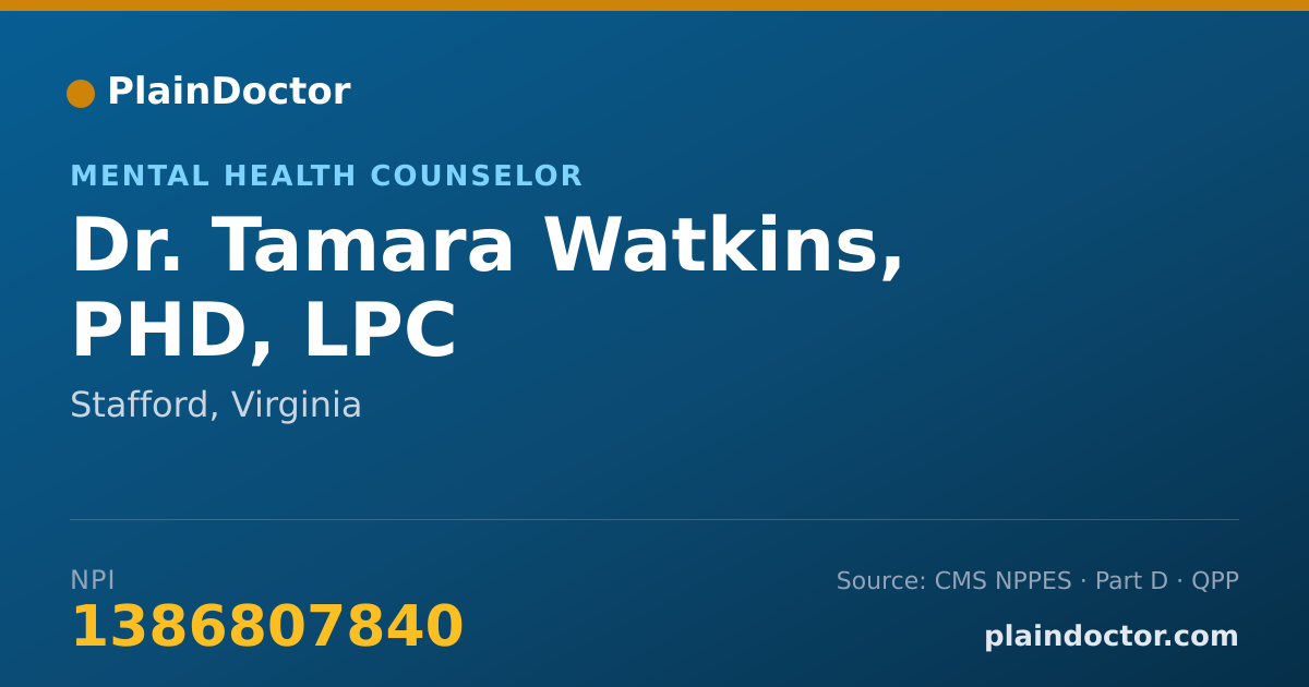 Shareable card for Tamara Watkins, PHD, LPC - Mental Health Counselor, Stafford, VA