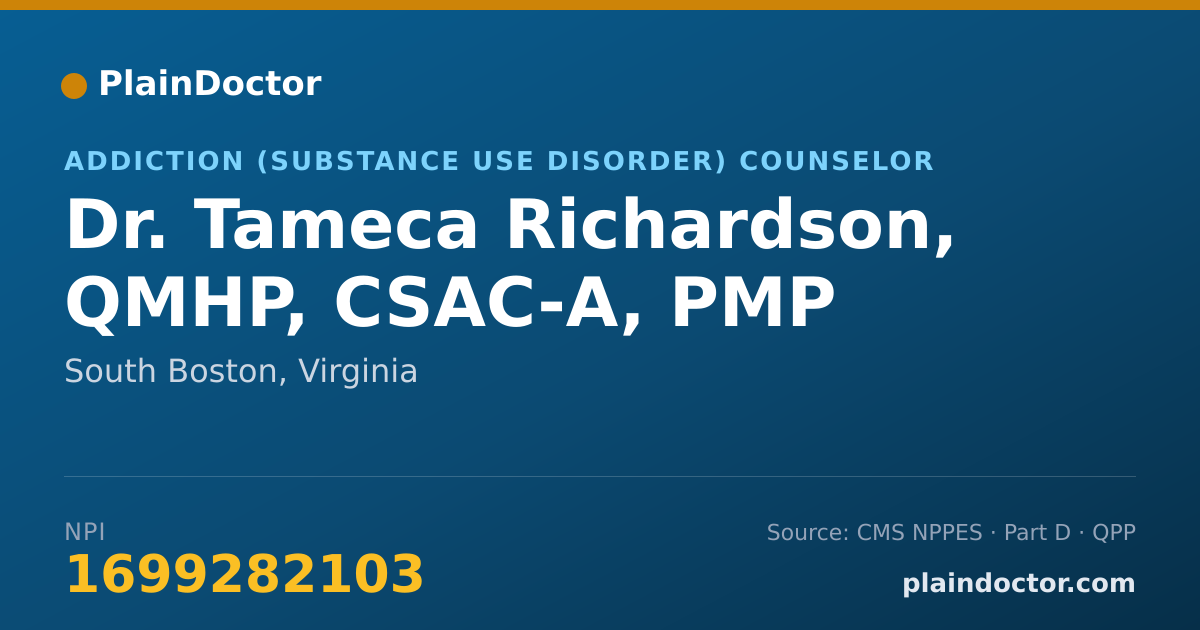 Shareable card for Tameca Richardson, QMHP, CSAC-A, PMP - Addiction (Substance Use Disorder) Counselor, South Boston, VA