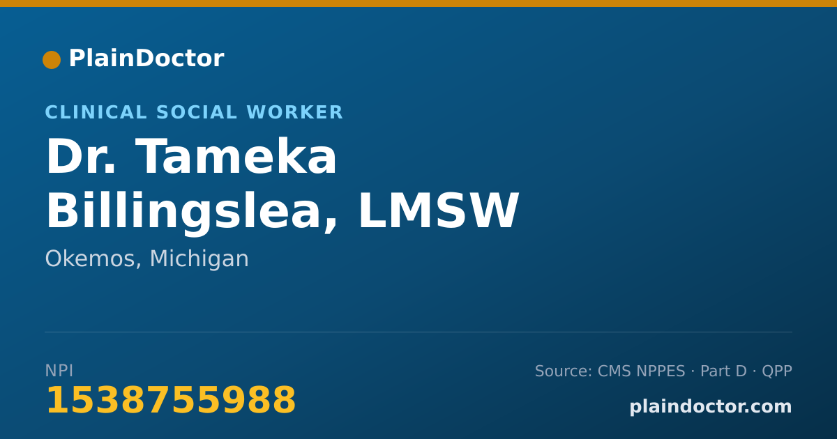 Shareable card for Tameka Billingslea, LMSW - Clinical Social Worker, Okemos, MI