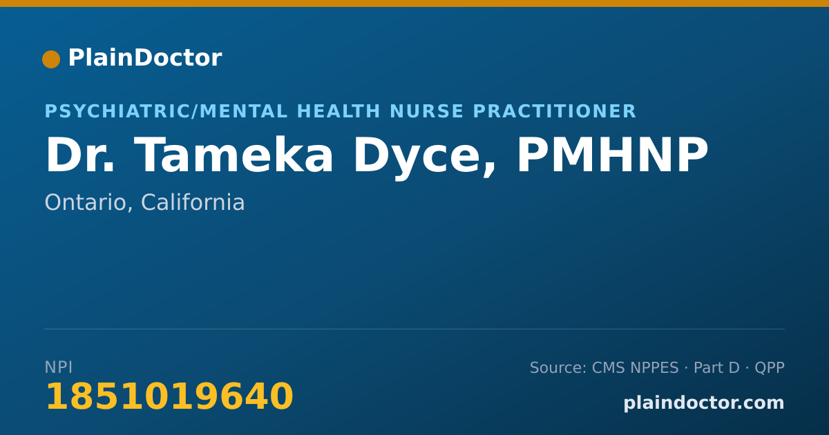 Shareable card for Tameka Dyce, PMHNP - Psychiatric/Mental Health Nurse Practitioner, Ontario, CA