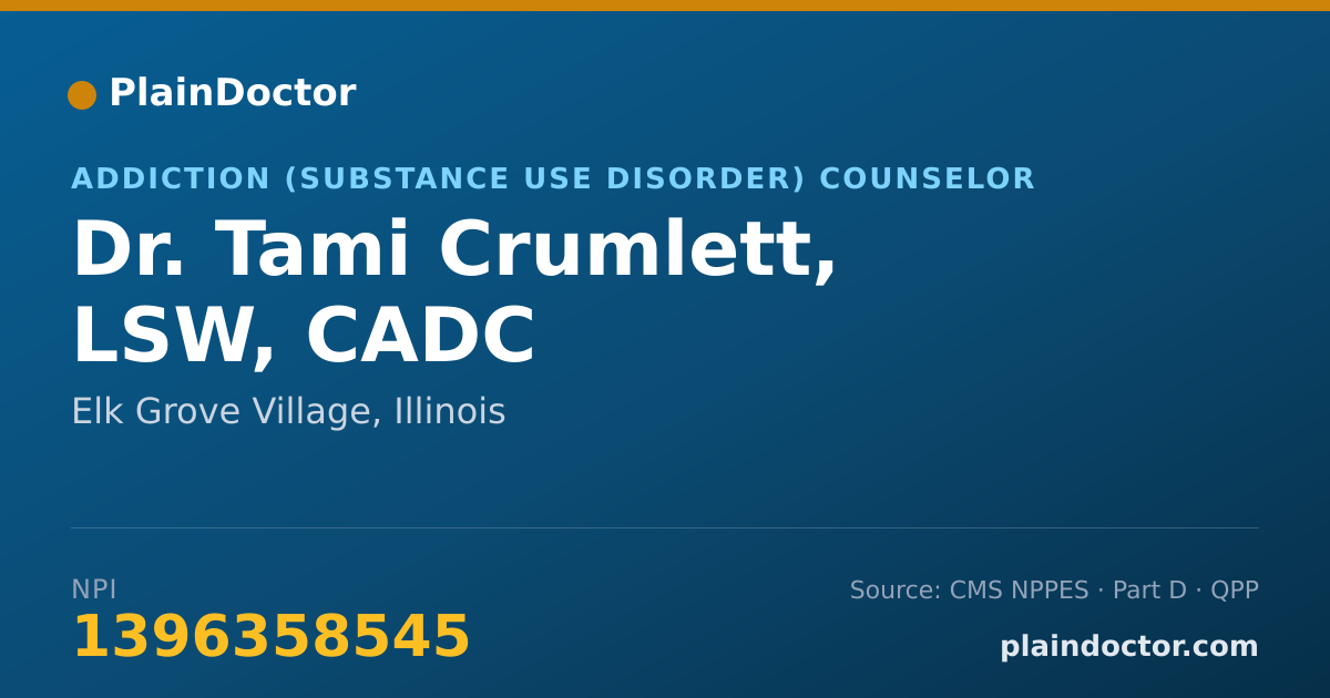 Shareable card for Tami Crumlett, LSW, CADC - Addiction (Substance Use Disorder) Counselor, Elk Grove Village, IL