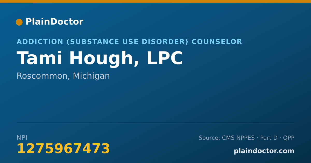 Shareable card for Tami Hough, LPC - Addiction (Substance Use Disorder) Counselor, Roscommon, MI