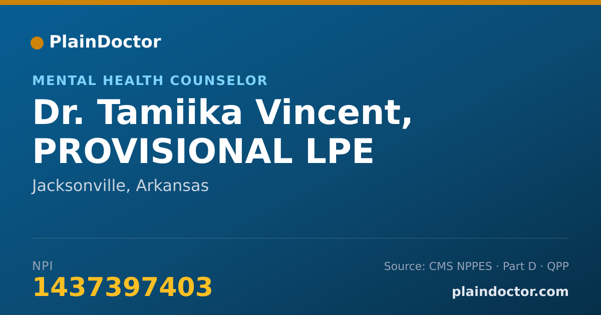 Shareable card for Tamiika Vincent, PROVISIONAL LPE - Mental Health Counselor, Jacksonville, AR