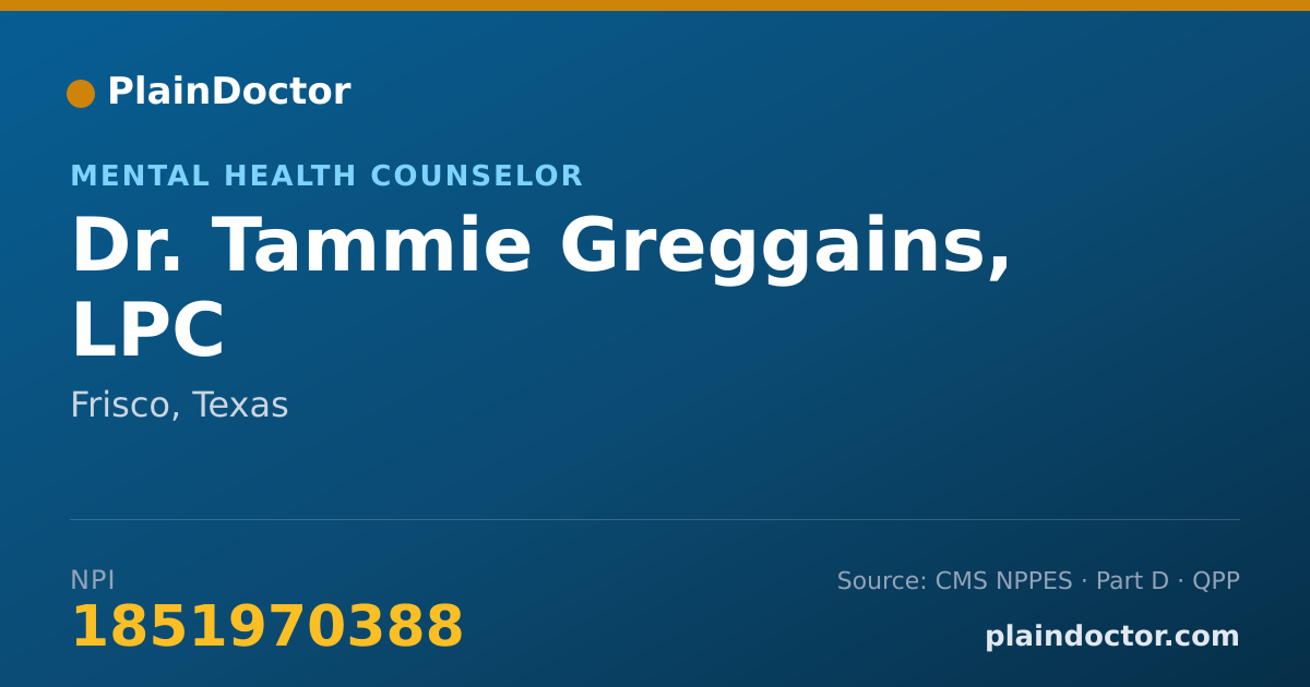 Shareable card for Tammie Greggains, LPC - Mental Health Counselor, Frisco, TX