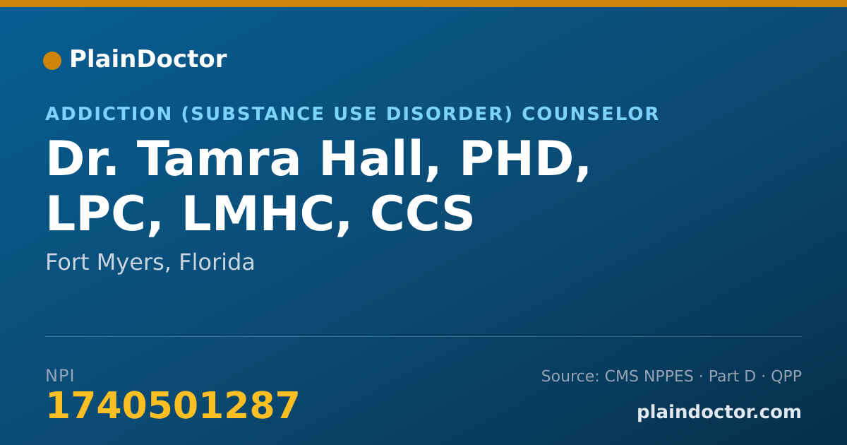 Shareable card for Tamra Hall, PHD, LPC, LMHC, CCS - Addiction (Substance Use Disorder) Counselor, Fort Myers, FL