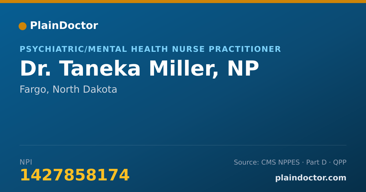 Shareable card for Taneka Miller, NP - Psychiatric/Mental Health Nurse Practitioner, Fargo, ND