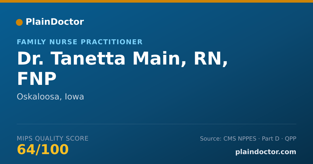 Shareable card for Tanetta Main, RN, FNP - Family Nurse Practitioner, Oskaloosa, IA