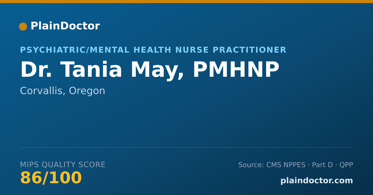 Shareable card for Tania May, PMHNP - Psychiatric/Mental Health Nurse Practitioner, Corvallis, OR