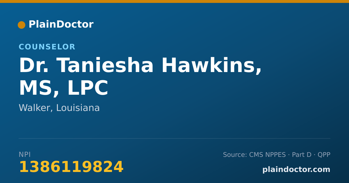 Shareable card for Taniesha Hawkins, MS, LPC - Counselor, Walker, LA