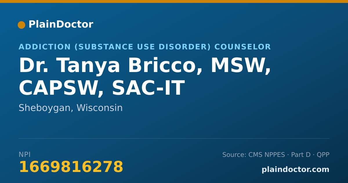 Shareable card for Tanya Bricco, MSW, CAPSW, SAC-IT - Addiction (Substance Use Disorder) Counselor, Sheboygan, WI