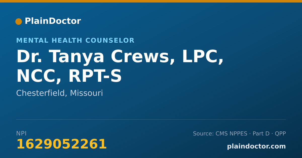 Shareable card for Tanya Crews, LPC, NCC, RPT-S - Mental Health Counselor, Chesterfield, MO