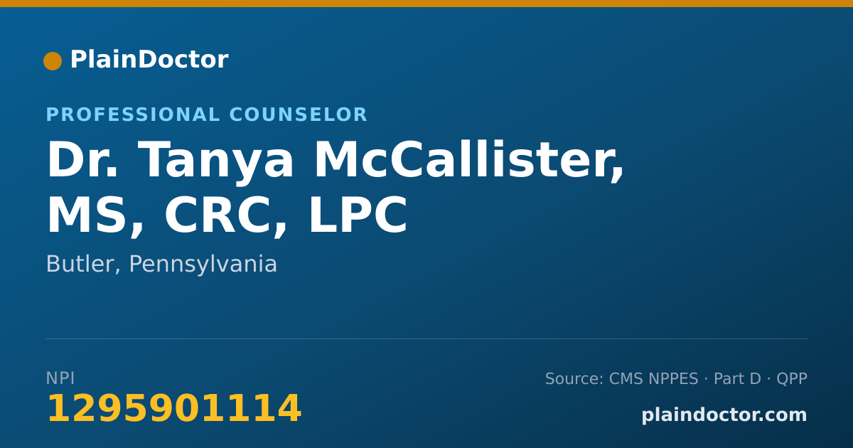 Shareable card for Tanya McCallister, MS, CRC, LPC - Professional Counselor, Butler, PA